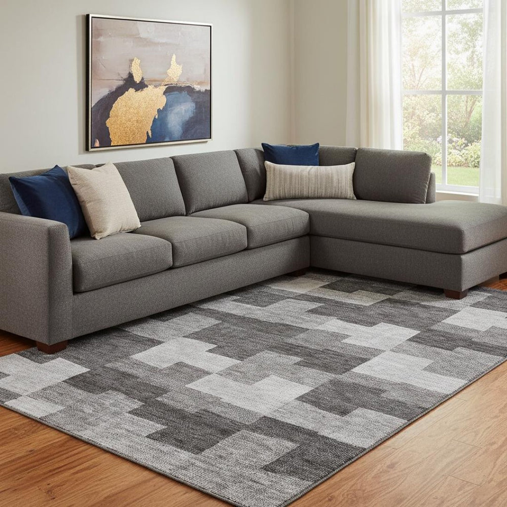 HomeRoots 9' x 12' Gray and Silver Geometric Area Rug - Washable, UV-Protected, Durable for High-Traffic Spaces 654933