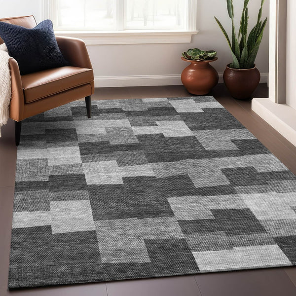 HomeRoots 9' x 12' Gray and Silver Geometric Area Rug - Washable, UV-Protected, Durable for High-Traffic Spaces 654933