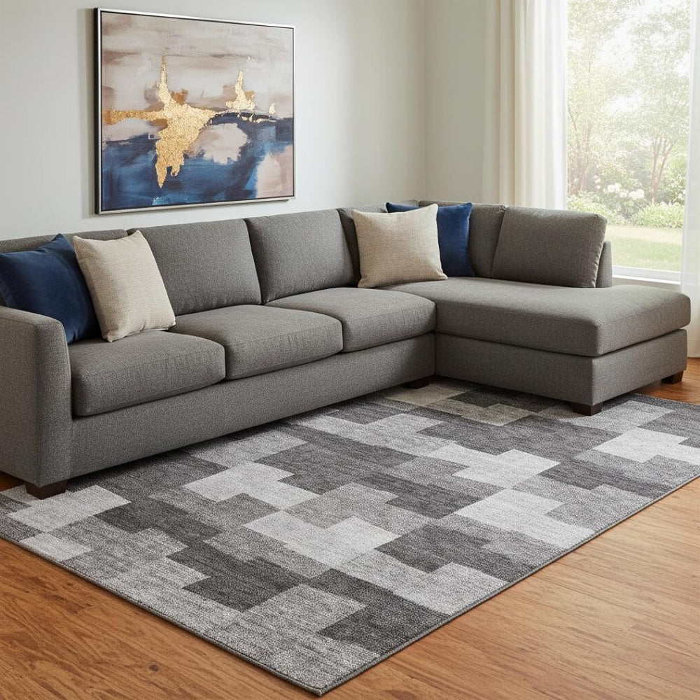 HomeRoots 10' X 14' Gray and Silver Geometric Area Rug – Washable, UV Protected, Modern Design for Living Spaces 654934
