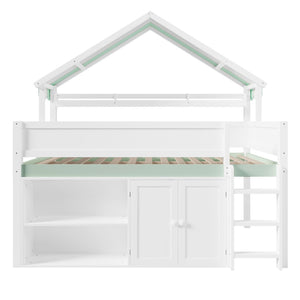 English Elm Full Size Pine Loft Bed with House Canopy Roof Built-in Shelves Kids Bedroom N7090005012F