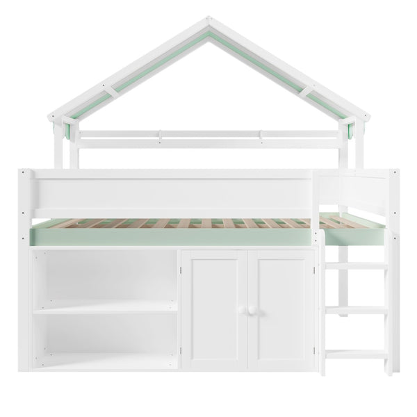 English Elm Full Size Pine Loft Bed with House Canopy Roof Built-in Shelves Kids Bedroom N7090005012F