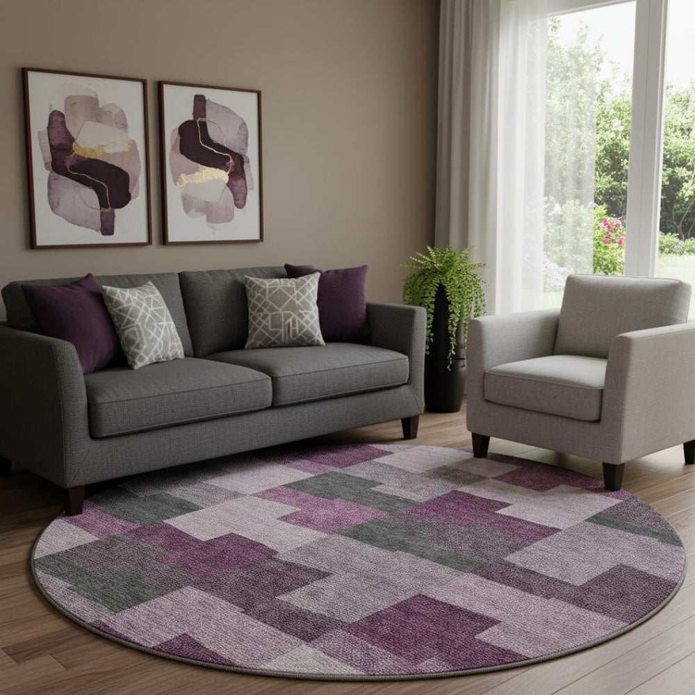 HomeRoots 8' Merlot Gray Geometric Washable Round Rug with UV Protection - Stylish & Durable for Every Space! 654937