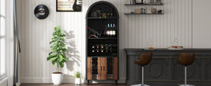 English Elm 71"Farmhouse Arched Wine Bar Cabinet with 15 Bottle Racks, 16 Glass Holders, Anti-Tip Safety for Living/Dining Black+Natural W2977P338242
