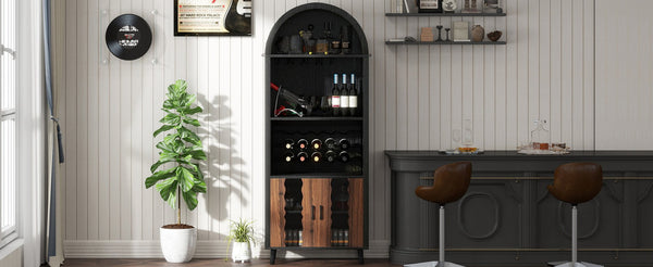 English Elm 71"Farmhouse Arched Wine Bar Cabinet with 15 Bottle Racks, 16 Glass Holders, Anti-Tip Safety for Living/Dining Black+Natural W2977P338242