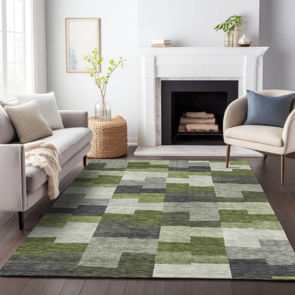 HomeRoots 5' X 8' Olive Green Gray Ivory Geometric Area Rug - Washable, UV-Protected, Stylish & Durable! 654942