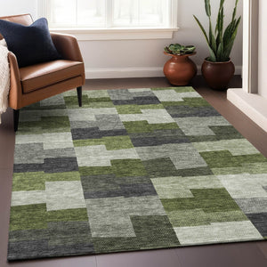 HomeRoots 5' X 8' Olive Green Gray Ivory Geometric Area Rug - Washable, UV-Protected, Stylish & Durable! 654942