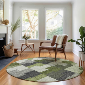HomeRoots 8' Stylish Olive Green, Gray & Ivory Geometric Washable Round Rug with UV Protection & Durability 654943