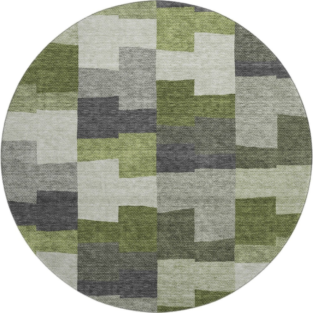 HomeRoots 8' Stylish Olive Green, Gray & Ivory Geometric Washable Round Rug with UV Protection & Durability 654943