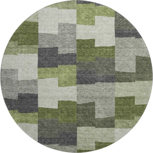 HomeRoots 8' Stylish Olive Green, Gray & Ivory Geometric Washable Round Rug with UV Protection & Durability 654943