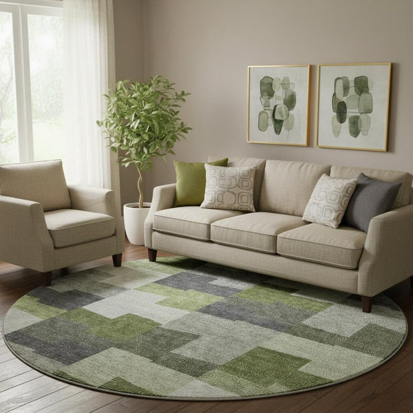 HomeRoots 8' Stylish Olive Green, Gray & Ivory Geometric Washable Round Rug with UV Protection & Durability 654943