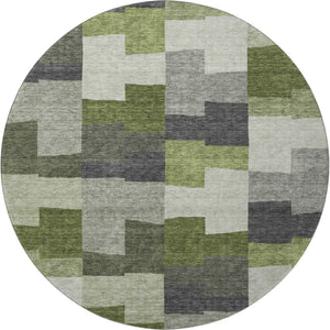 HomeRoots 8' Stylish Olive Green, Gray & Ivory Geometric Washable Round Rug with UV Protection & Durability 654943