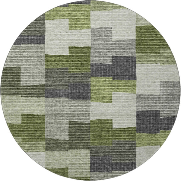 HomeRoots 8' Stylish Olive Green, Gray & Ivory Geometric Washable Round Rug with UV Protection & Durability 654943