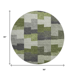 HomeRoots 8' Stylish Olive Green, Gray & Ivory Geometric Washable Round Rug with UV Protection & Durability 654943