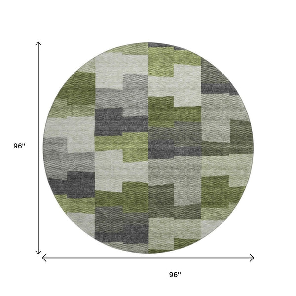 HomeRoots 8' Stylish Olive Green, Gray & Ivory Geometric Washable Round Rug with UV Protection & Durability 654943