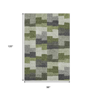 HomeRoots 8' X 10' Modern Olive Green Gray Ivory Geometric Washable Area Rug with UV Protection & Stain Resistance 654944