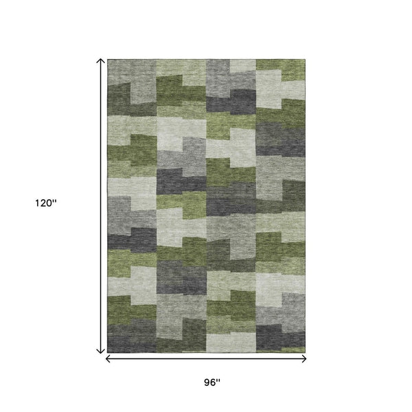 HomeRoots 8' X 10' Modern Olive Green Gray Ivory Geometric Washable Area Rug with UV Protection & Stain Resistance 654944