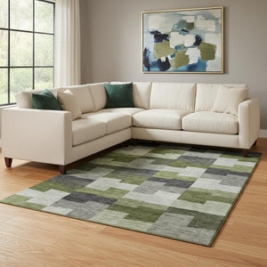 HomeRoots 8' X 10' Modern Olive Green Gray Ivory Geometric Washable Area Rug with UV Protection & Stain Resistance 654944