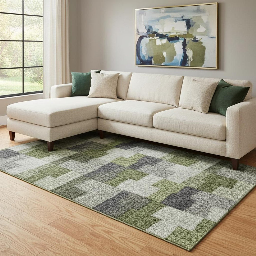 HomeRoots 9' X 12' Olive Green Gray Ivory Geometric Area Rug - Durable, Washable & UV-Protected for Homes 654945