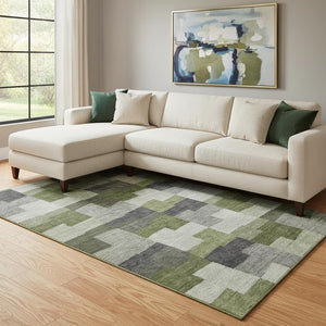 HomeRoots 9' X 12' Olive Green Gray Ivory Geometric Area Rug - Durable, Washable & UV-Protected for Homes 654945