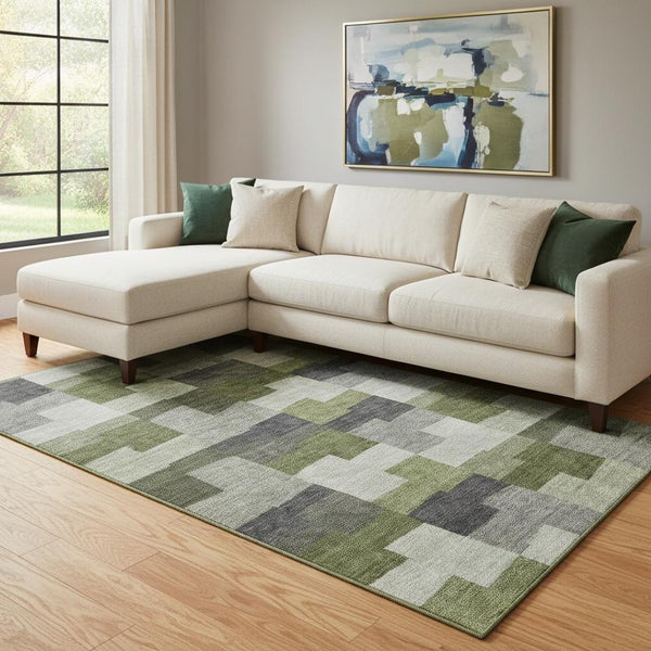 HomeRoots 9' X 12' Olive Green Gray Ivory Geometric Area Rug - Durable, Washable & UV-Protected for Homes 654945