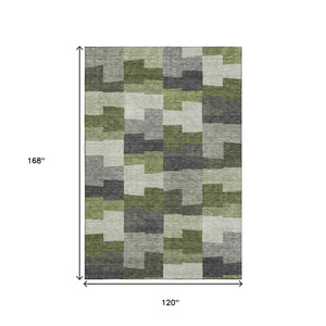 HomeRoots 10' X 14' Olive Green Gray Ivory Geometric Area Rug - Stain Resistant, UV Protected, Easy Care 654946