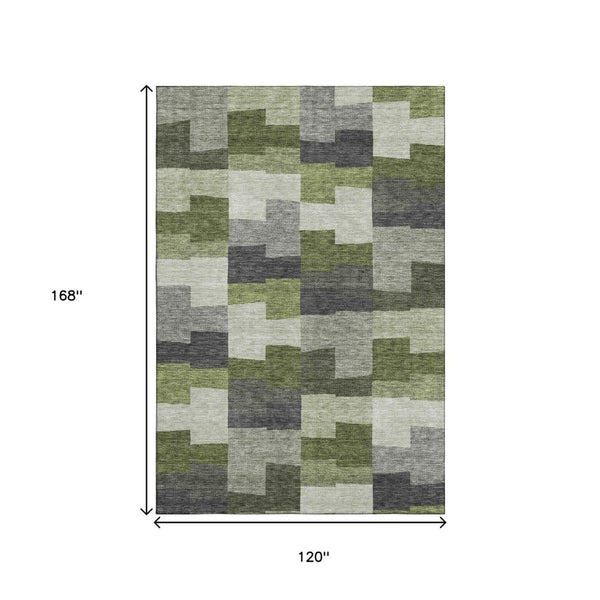 HomeRoots 10' X 14' Olive Green Gray Ivory Geometric Area Rug - Stain Resistant, UV Protected, Easy Care 654946