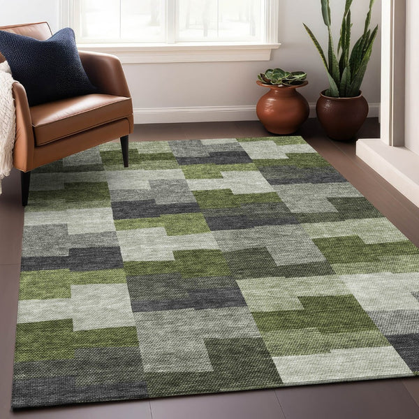 HomeRoots 10' X 14' Olive Green Gray Ivory Geometric Area Rug - Stain Resistant, UV Protected, Easy Care 654946
