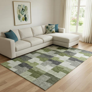 HomeRoots 10' X 14' Olive Green Gray Ivory Geometric Area Rug - Stain Resistant, UV Protected, Easy Care 654946