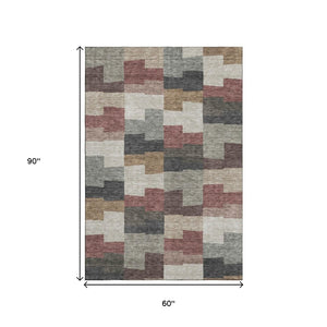 HomeRoots 5' X 8' Rust Gray Ivory Geometric Area Rug - Stylish, Washable, UV-Protected for Modern Homes 654948