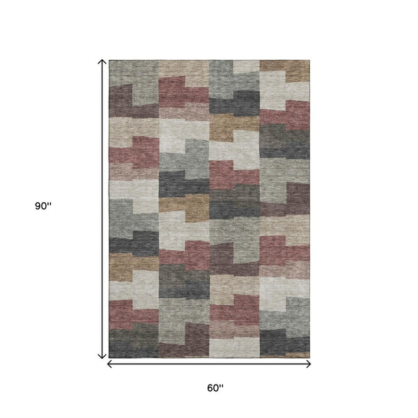 HomeRoots 5' X 8' Rust Gray Ivory Geometric Area Rug - Stylish, Washable, UV-Protected for Modern Homes 654948