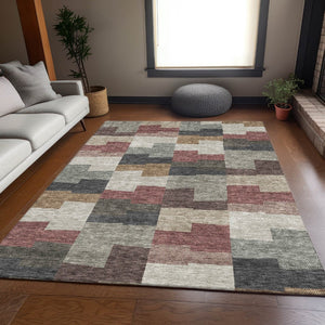 HomeRoots 5' X 8' Rust Gray Ivory Geometric Area Rug - Stylish, Washable, UV-Protected for Modern Homes 654948