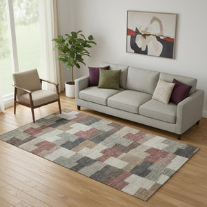 HomeRoots 5' X 8' Rust Gray Ivory Geometric Area Rug - Stylish, Washable, UV-Protected for Modern Homes 654948