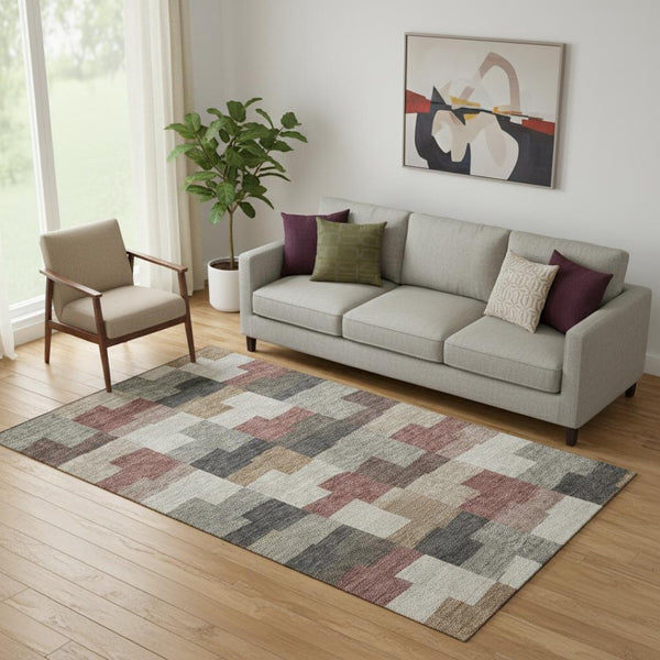 HomeRoots 5' X 8' Rust Gray Ivory Geometric Area Rug - Stylish, Washable, UV-Protected for Modern Homes 654948