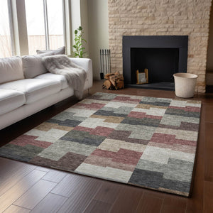 HomeRoots 5' X 8' Rust Gray Ivory Geometric Area Rug - Stylish, Washable, UV-Protected for Modern Homes 654948