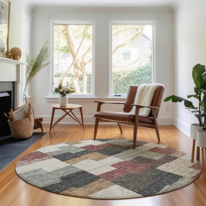 HomeRoots 8' Modern Rust Gray and Ivory Geometric Round Rug – Washable, UV-Protected, and Stain-Resistant Design 654949