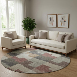 HomeRoots 8' Modern Rust Gray and Ivory Geometric Round Rug – Washable, UV-Protected, and Stain-Resistant Design 654949