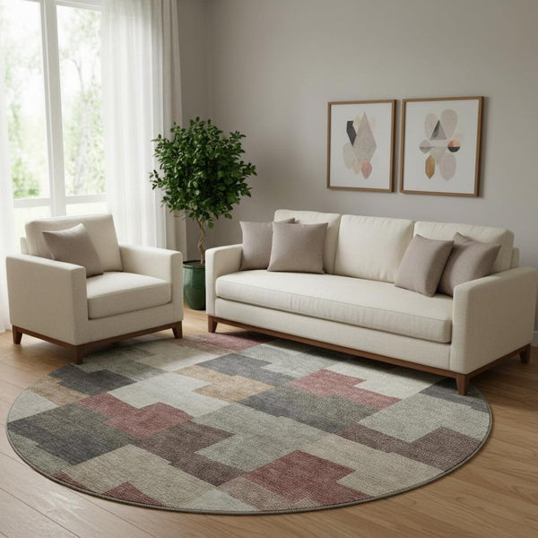 HomeRoots 8' Modern Rust Gray and Ivory Geometric Round Rug – Washable, UV-Protected, and Stain-Resistant Design 654949