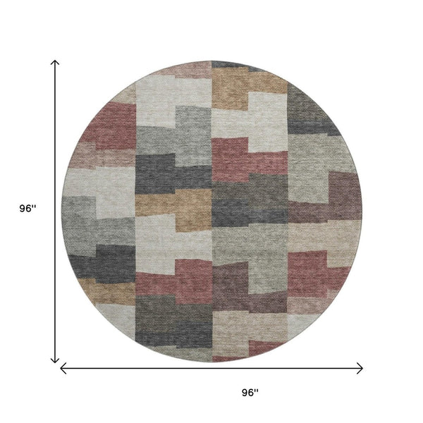 HomeRoots 8' Modern Rust Gray and Ivory Geometric Round Rug – Washable, UV-Protected, and Stain-Resistant Design 654949