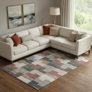 HomeRoots 9' X 12' Rust Gray & Ivory Geometric Area Rug - Washable, UV-Protected, Stylish & Durable Design 654951