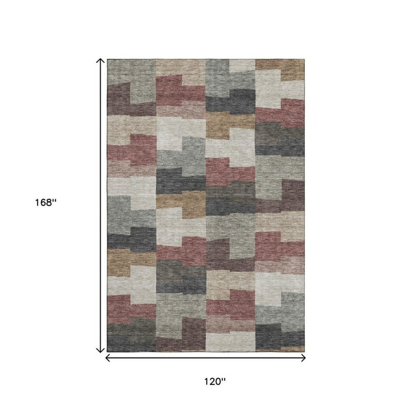 HomeRoots 10' Geometric Rust Gray and Ivory Area Rug - Durable, Washable, UV-Protected for Active Homes 654952