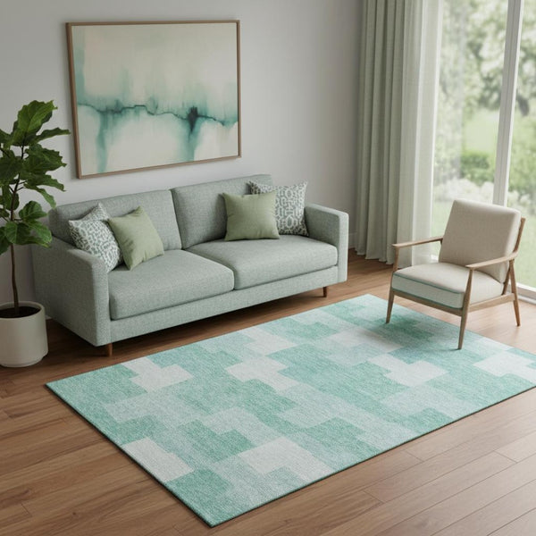 HomeRoots 5' X 8' Teal and Ivory Geometric Area Rug - Durable, Washable, UV Protected for Modern Homes 654954