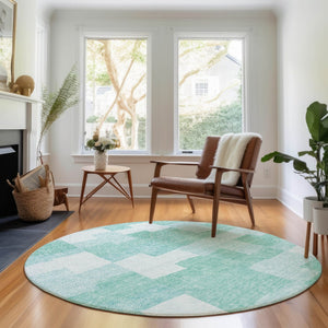HomeRoots 8' Teal and Ivory Geometric Washable Round Rug - Stylish, Durable, and UV Protected for Modern Homes 654955