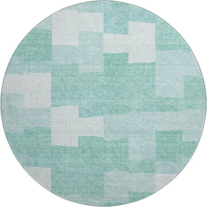 HomeRoots 8' Teal and Ivory Geometric Washable Round Rug - Stylish, Durable, and UV Protected for Modern Homes 654955