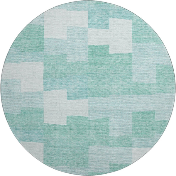 HomeRoots 8' Teal and Ivory Geometric Washable Round Rug - Stylish, Durable, and UV Protected for Modern Homes 654955