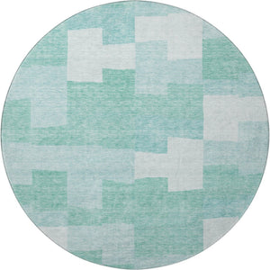 HomeRoots 8' Teal and Ivory Geometric Washable Round Rug - Stylish, Durable, and UV Protected for Modern Homes 654955