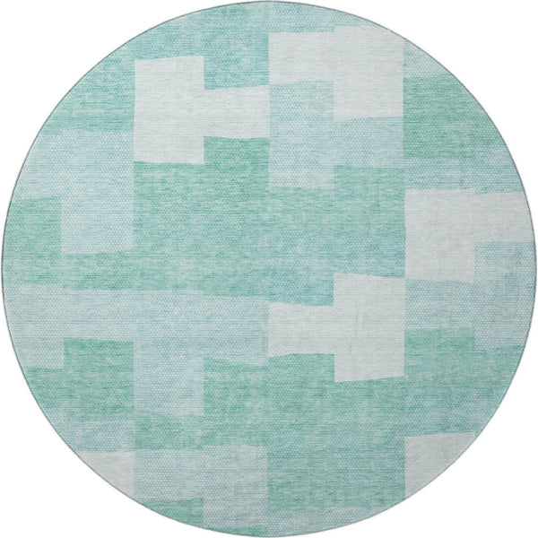 HomeRoots 8' Teal and Ivory Geometric Washable Round Rug - Stylish, Durable, and UV Protected for Modern Homes 654955