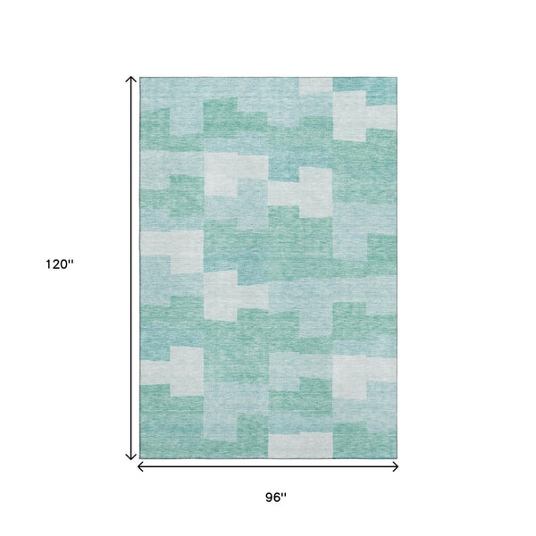 HomeRoots 8' X 10' Teal & Ivory Geometric Area Rug - Durable, Washable, UV-Protected for Modern Spaces! 654956