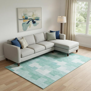 HomeRoots 8' X 10' Teal & Ivory Geometric Area Rug - Durable, Washable, UV-Protected for Modern Spaces! 654956