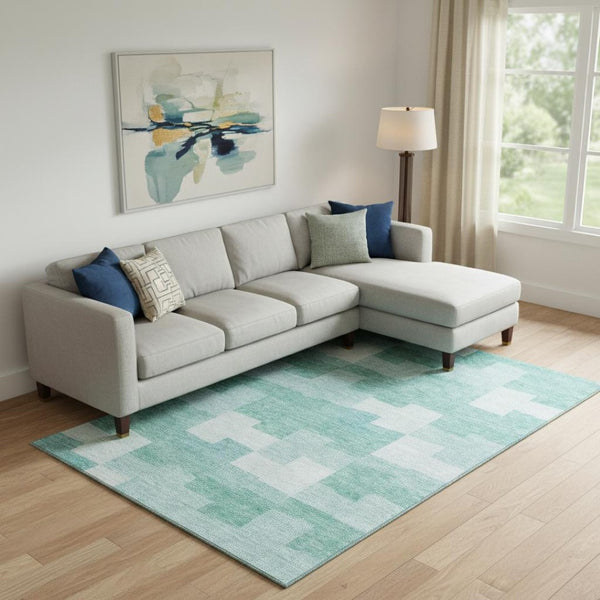 HomeRoots 8' X 10' Teal & Ivory Geometric Area Rug - Durable, Washable, UV-Protected for Modern Spaces! 654956
