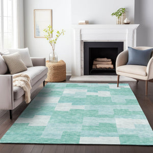 HomeRoots 8' X 10' Teal & Ivory Geometric Area Rug - Durable, Washable, UV-Protected for Modern Spaces! 654956